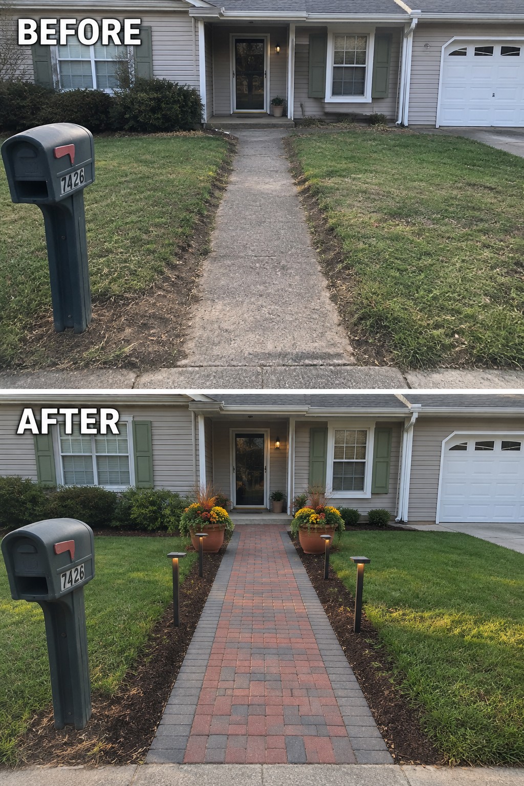 Before and after of house walkway upgraded from concrete to brick with lights and planters.