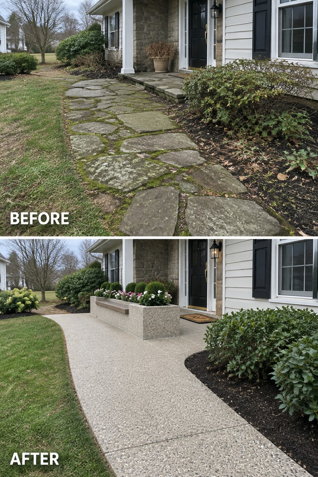 Before-and-after view of mossy stone path transformed into smooth concrete walkway with new landscaping.