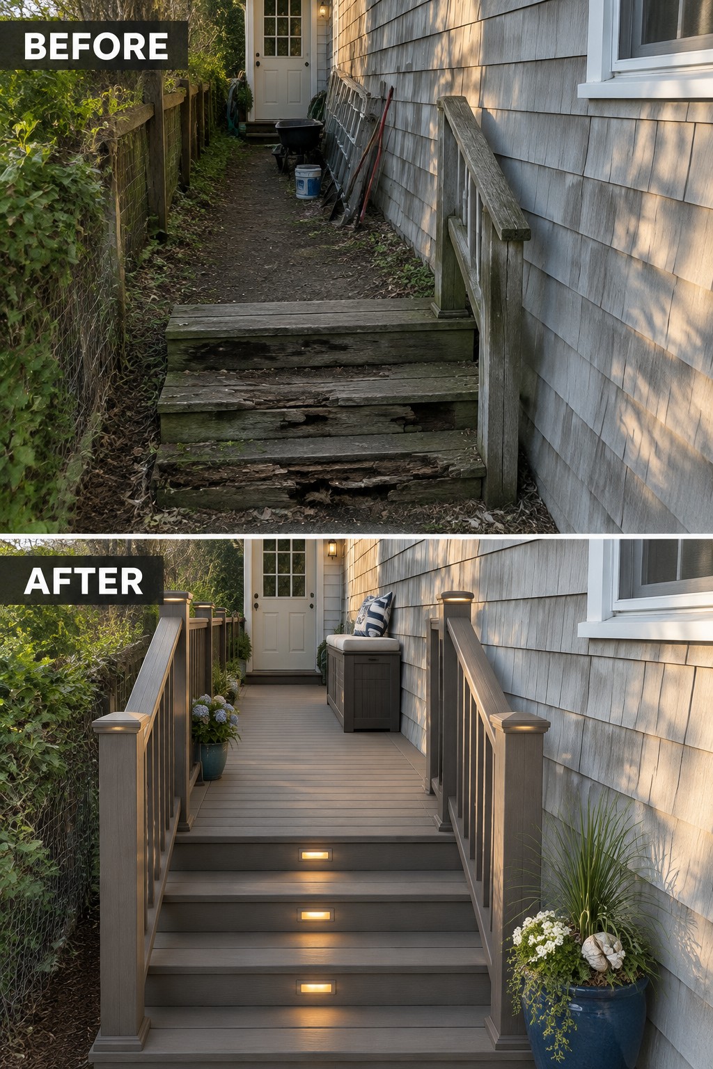 Before and after of weathered stairs renovated into modern lit gray deck with railings