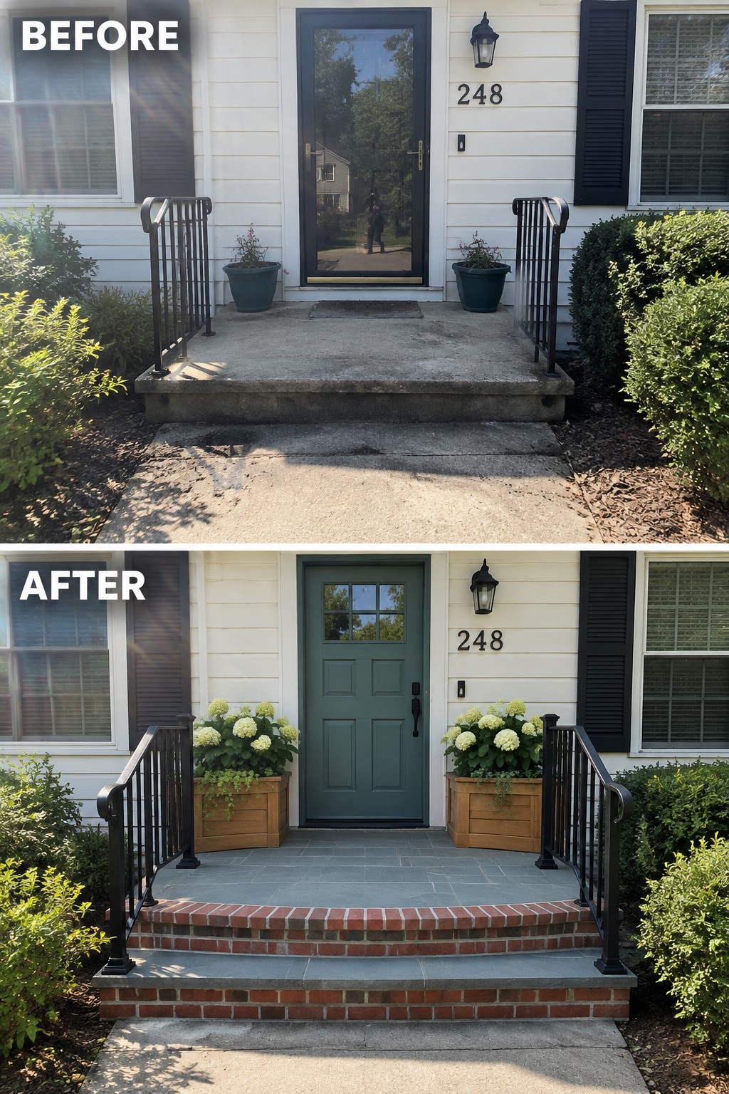 Before-and-after image of a Cape Cod home front entry showing concrete steps replaced with brick and stone stairs, a painted green door, and wooden planters flanking the entry.