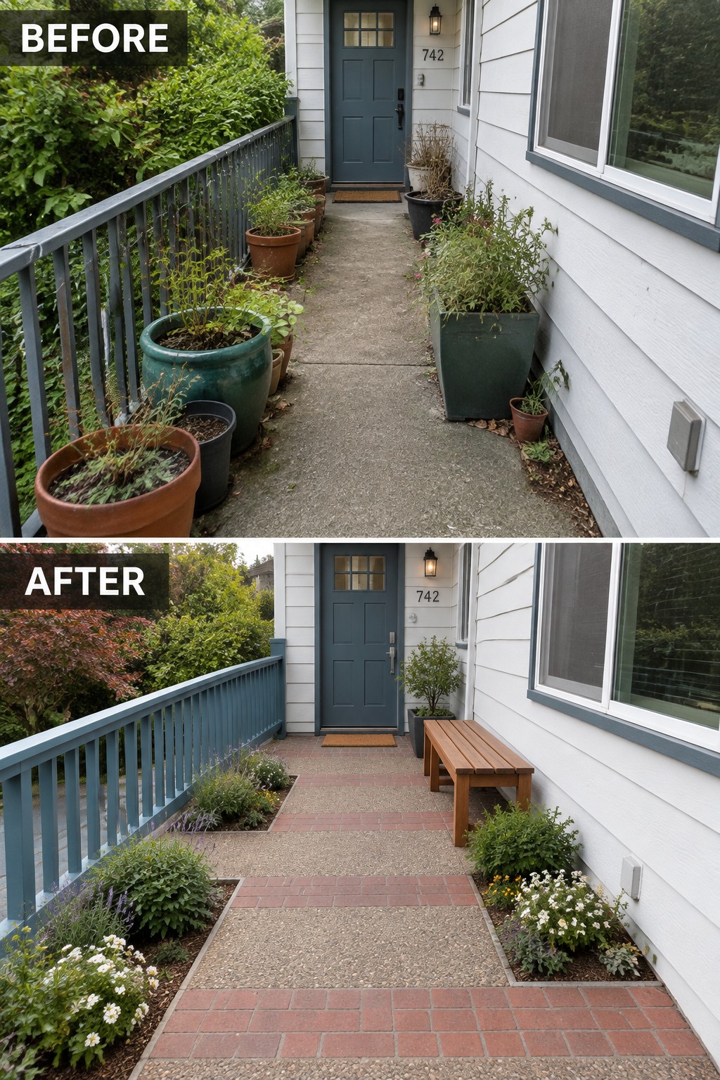 Before and after porch renovation with potted plants cleared for brick path and bench.