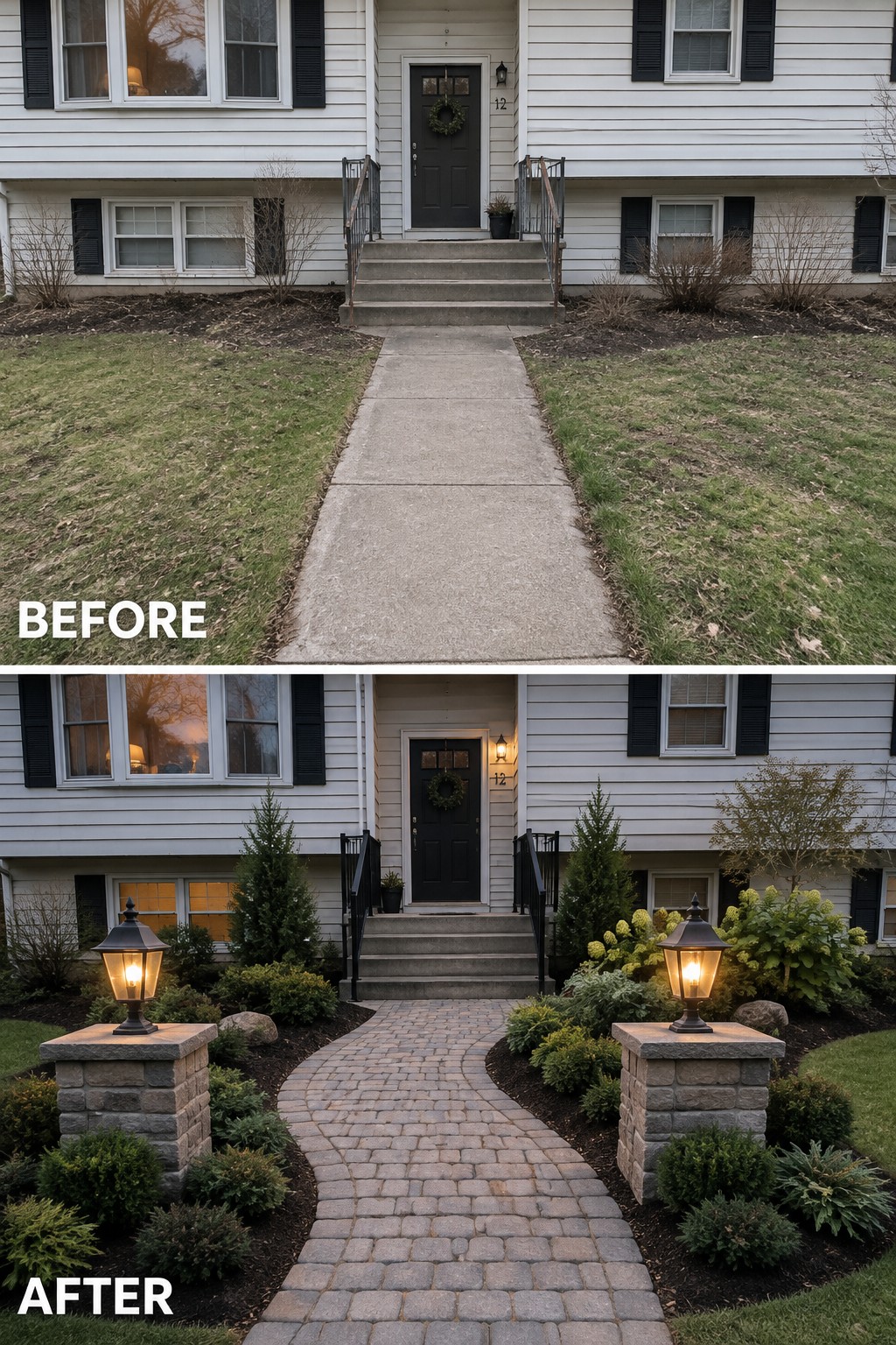 Before-and-after house entrance with straight concrete path replaced by curved brick walkway and lit lanterns
