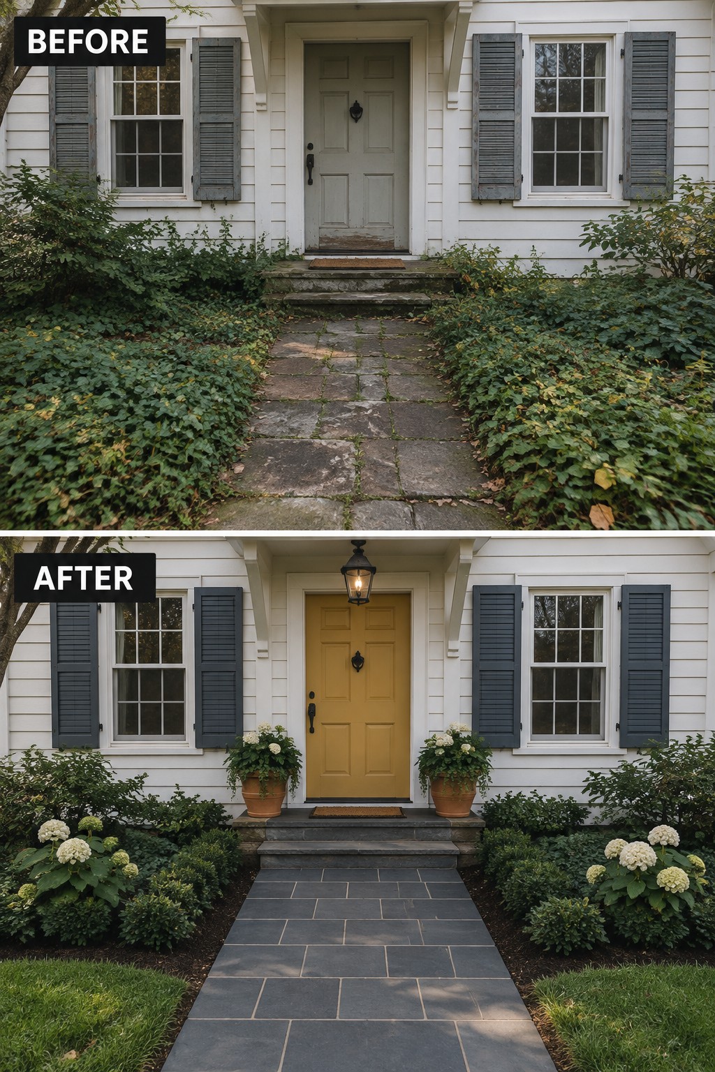 Before and after of house entrance with overgrown bushes, new yellow door and slate path