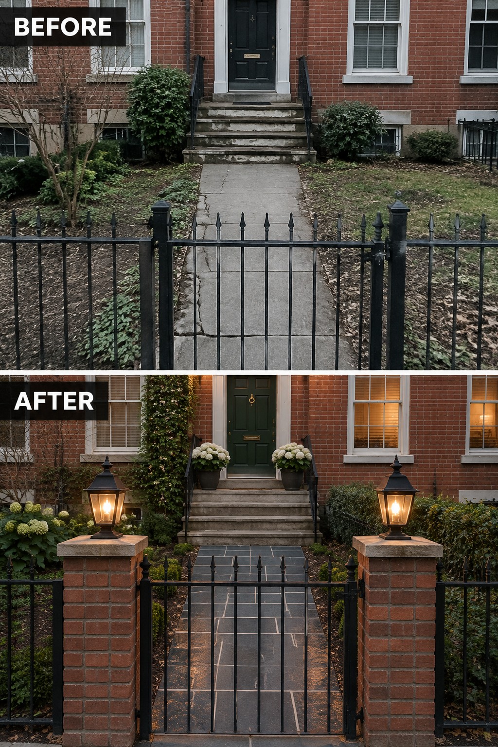 Before and after of brick house entrance with stone path, lanterns and plants.