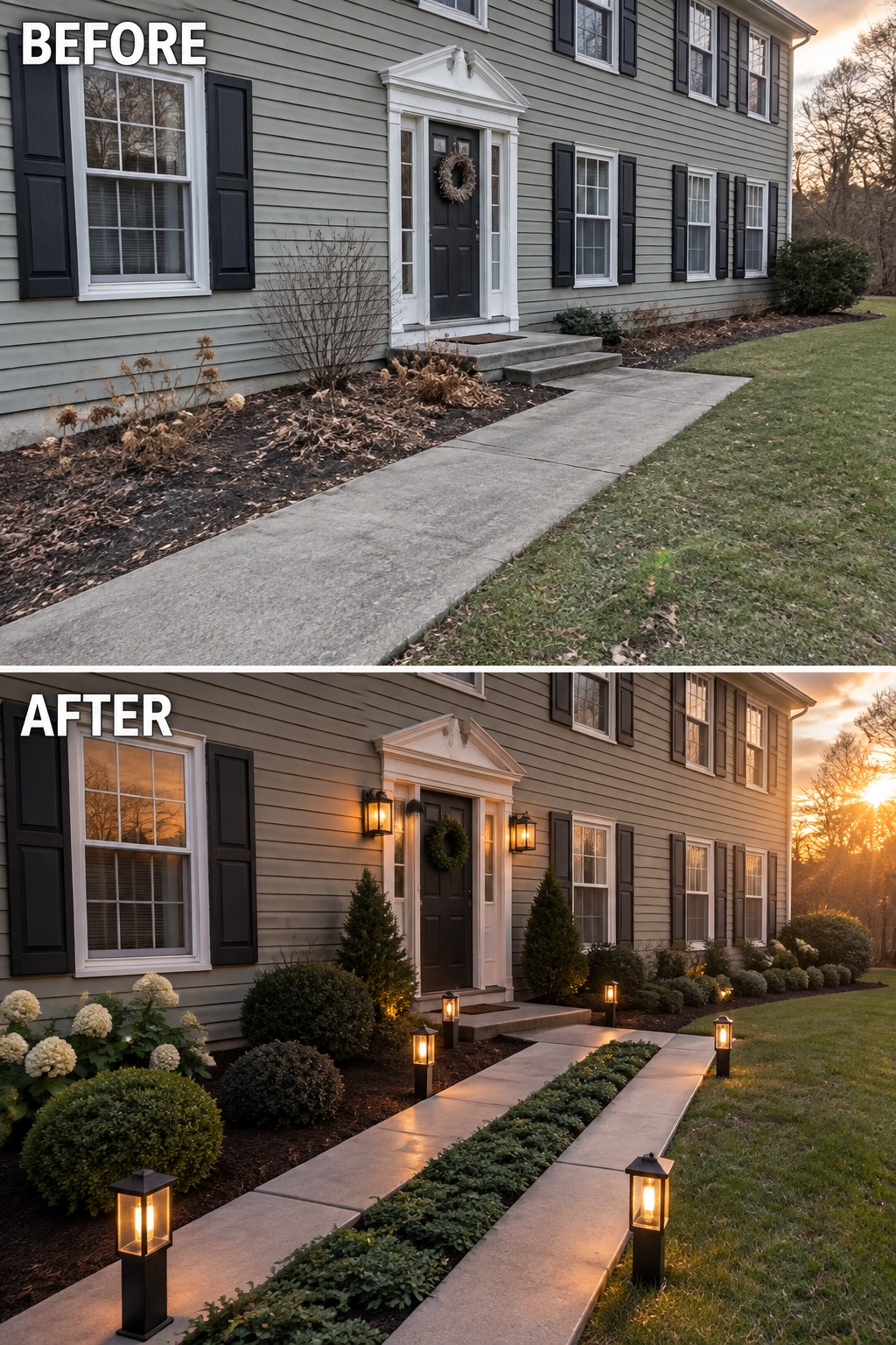 Before and after of gray house with new shrubs, flowers, and glowing path lights.