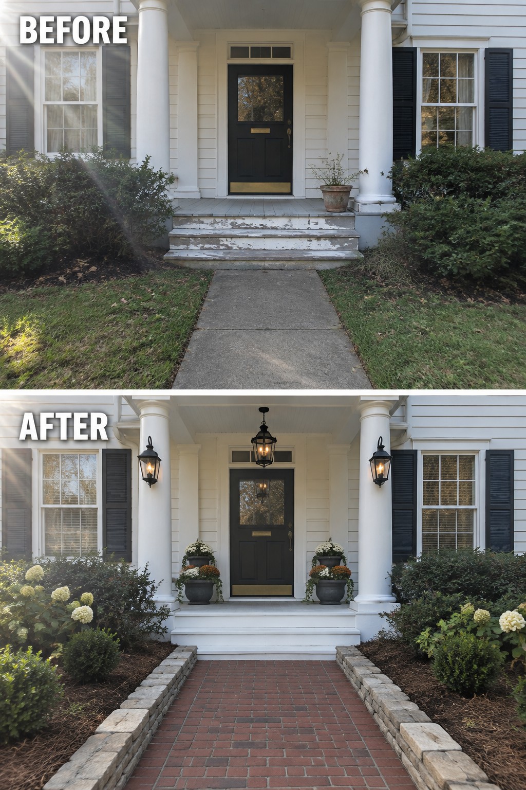 Before and after house entrance with brick path, new lanterns, and potted flowers.