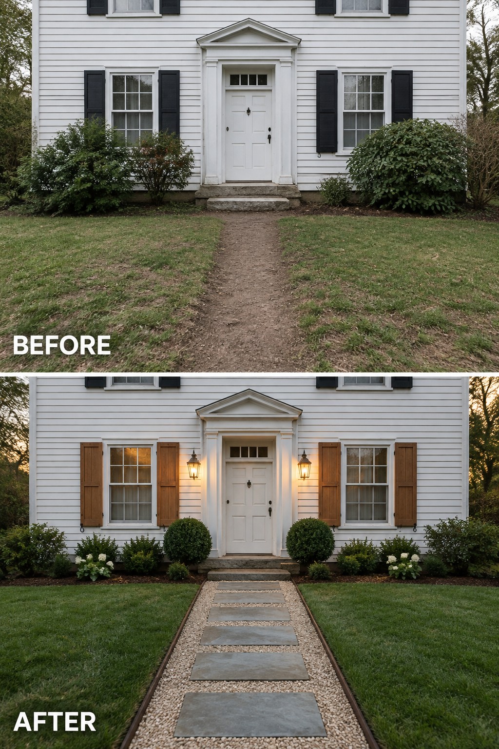 Before-and-after image of a colonial house exterior where a dirt path was replaced by a structured gravel walkway with stone pavers and lanterns were added beside the front door.