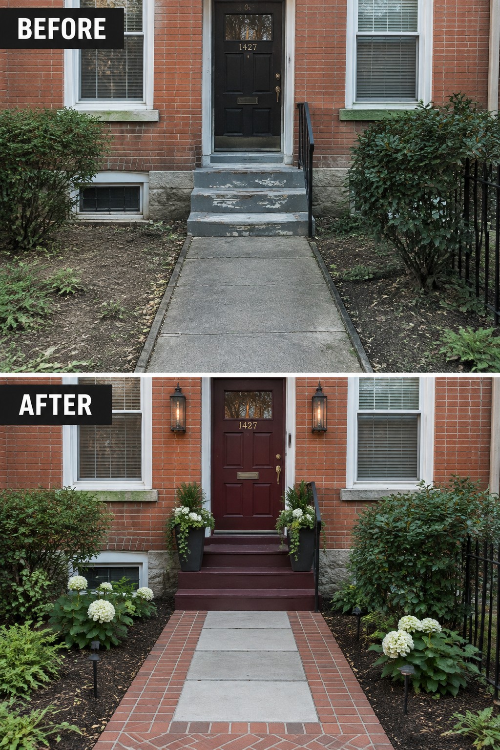Before-and-after image of a brick colonial home entry updated with a painted door, flanking lanterns, brick paver borders along the walkway, and added planters.