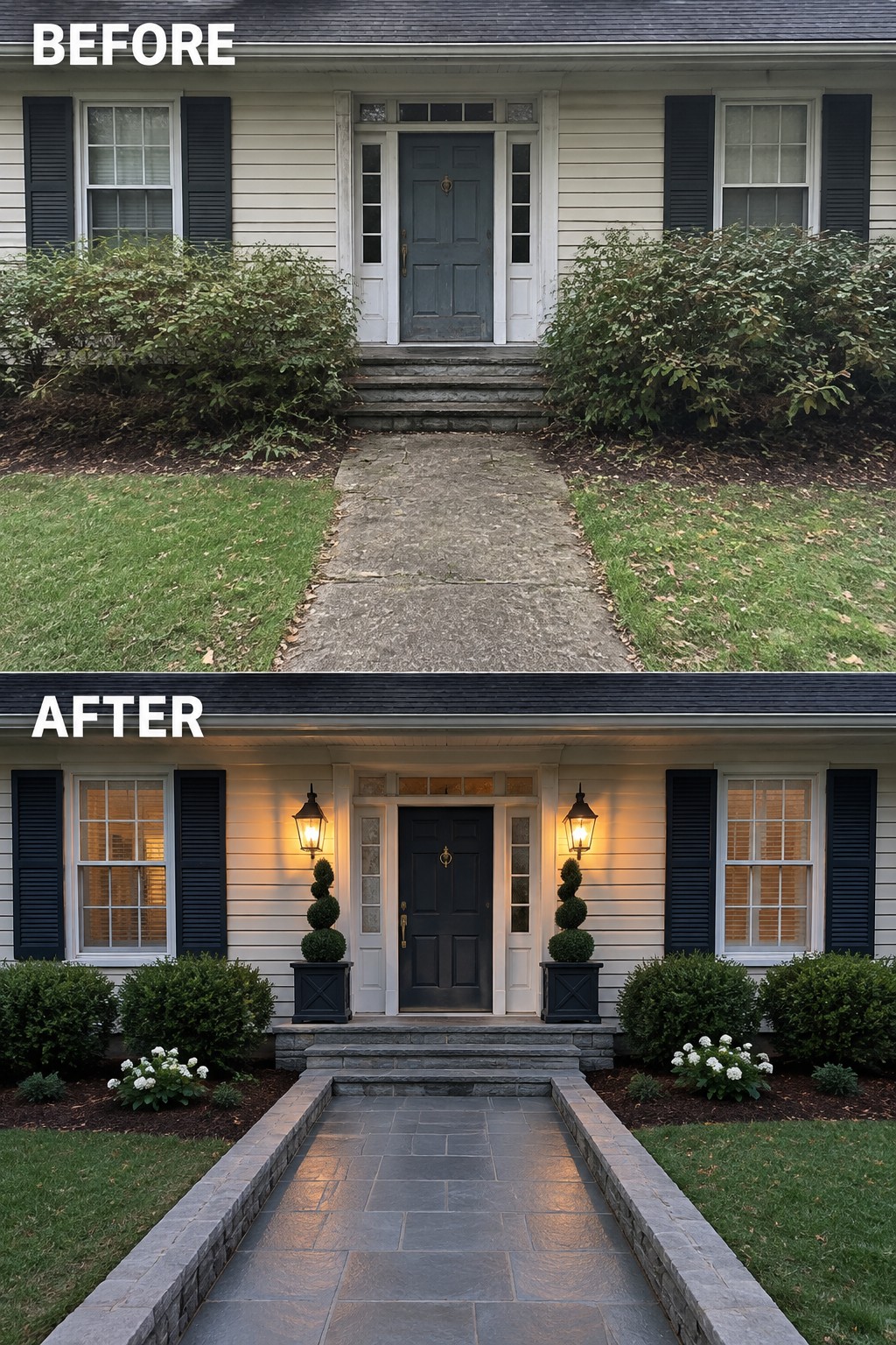 Before-and-after image of a colonial home front entry with an overgrown path and plain door changed to a structured stone walkway bordered by lanterns and planters.