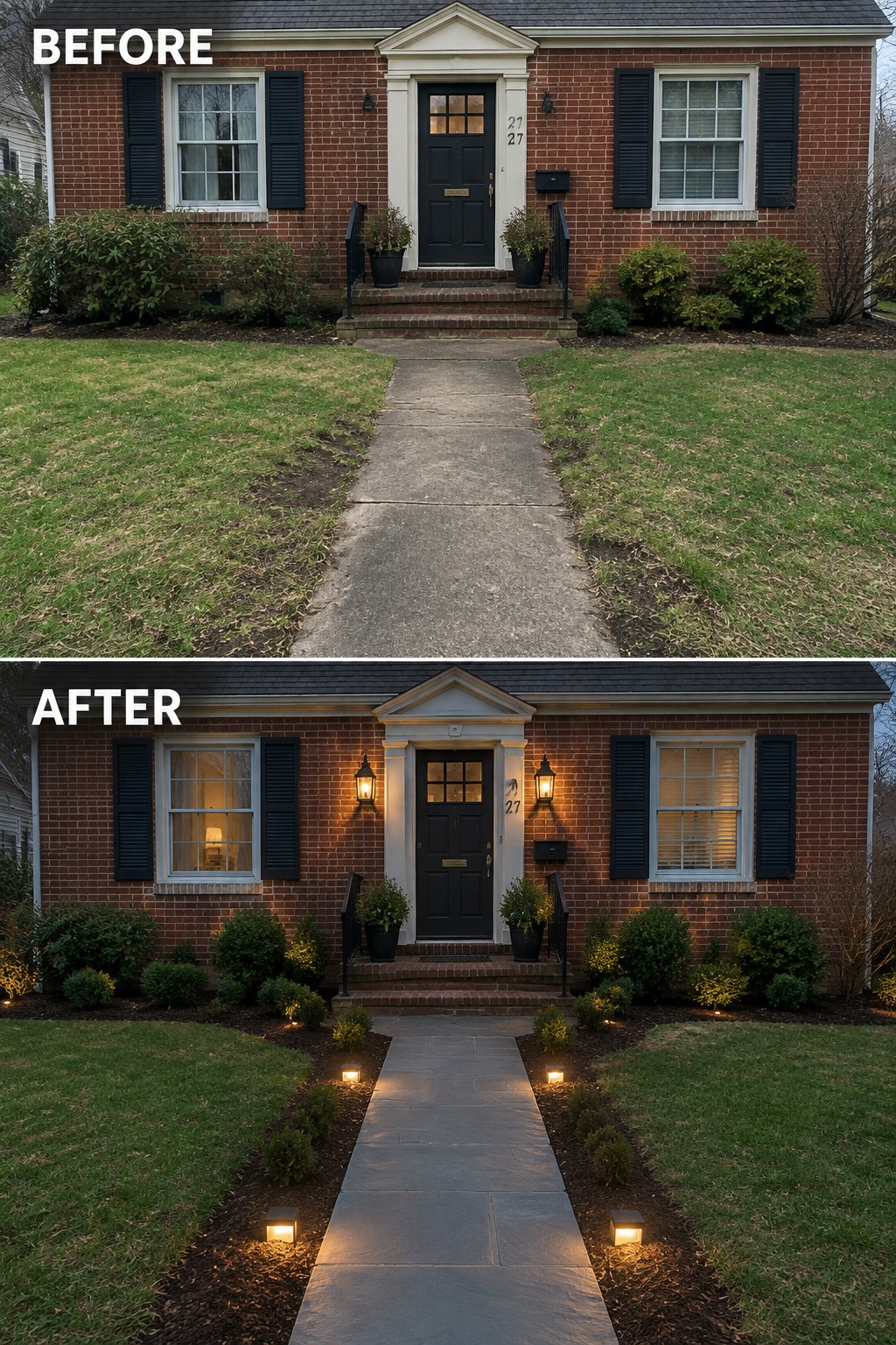 Before-and-after image of a brick colonial home exterior with a plain concrete walkway changed to a stone path lined with path lights and flanked by wall lanterns.
