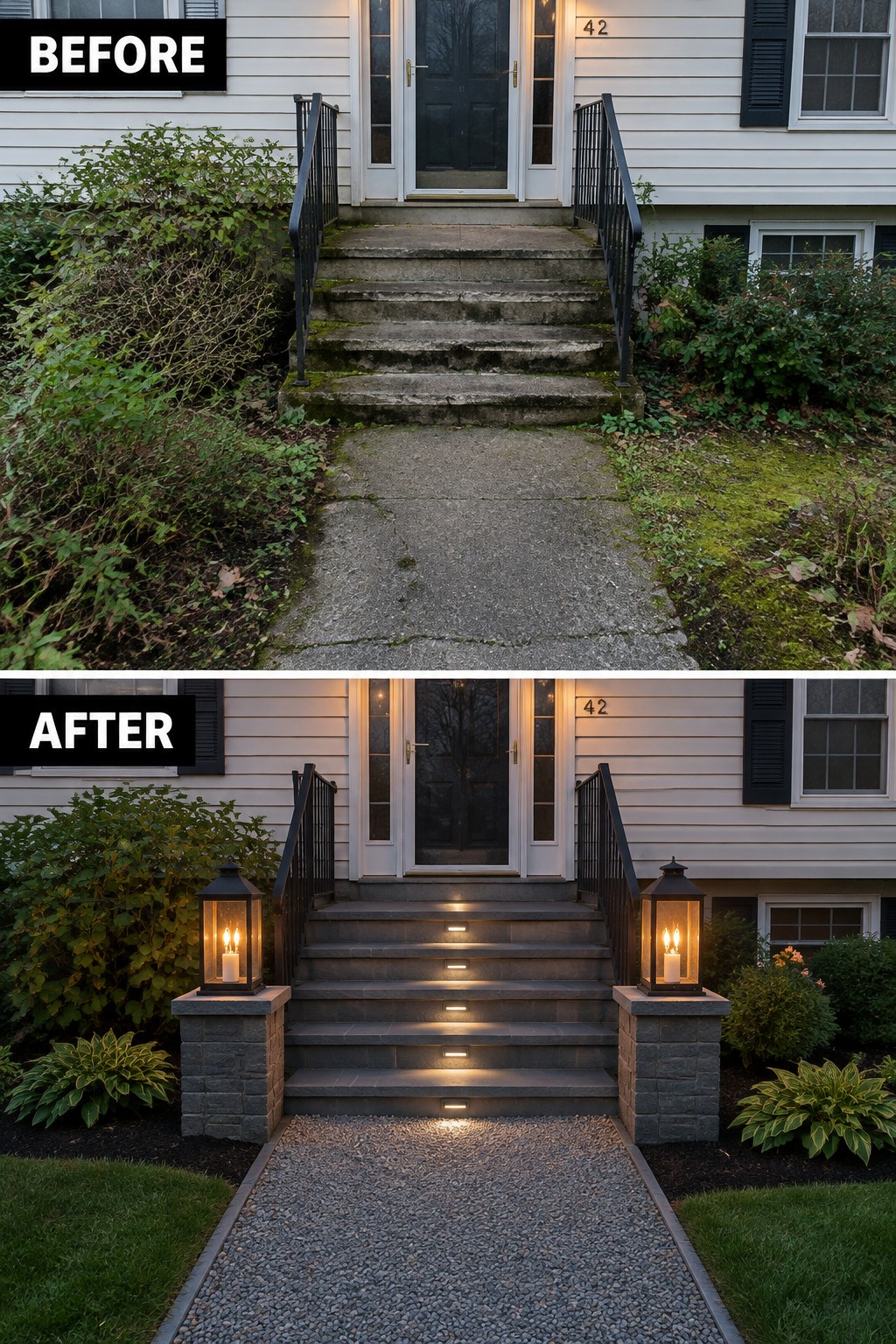 Before and after home entrance renovation with new stairs, lights, and gravel path
