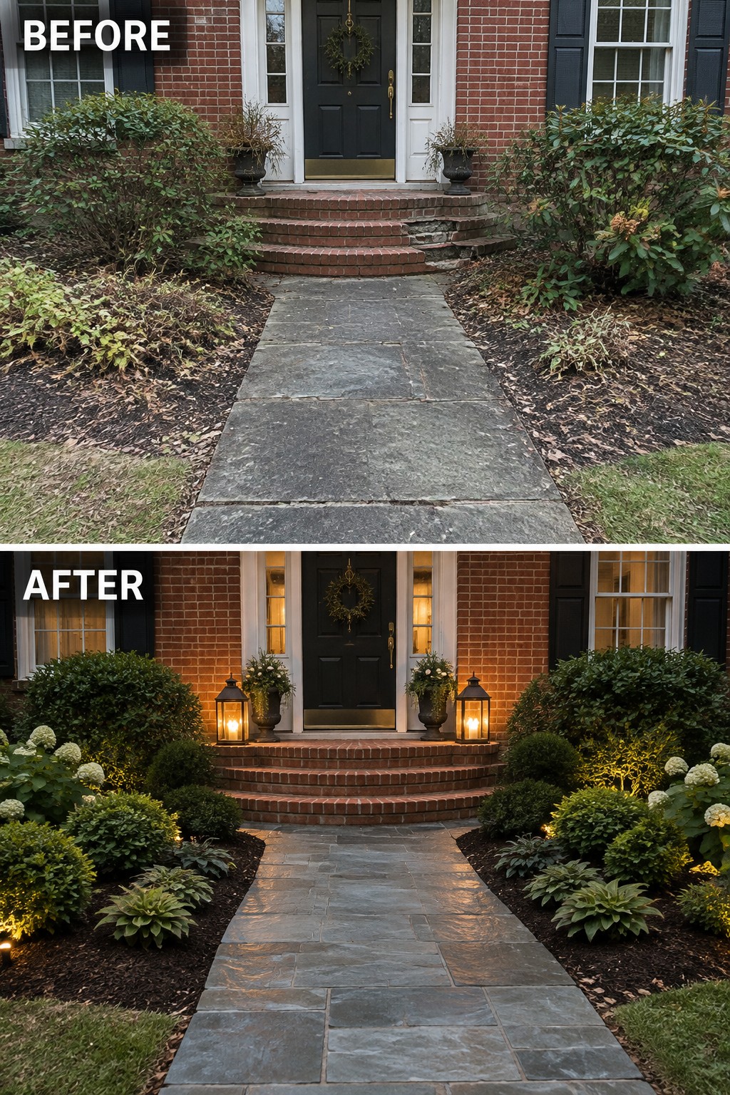 Before and after of brick house entrance with stone path and upgraded landscaping
