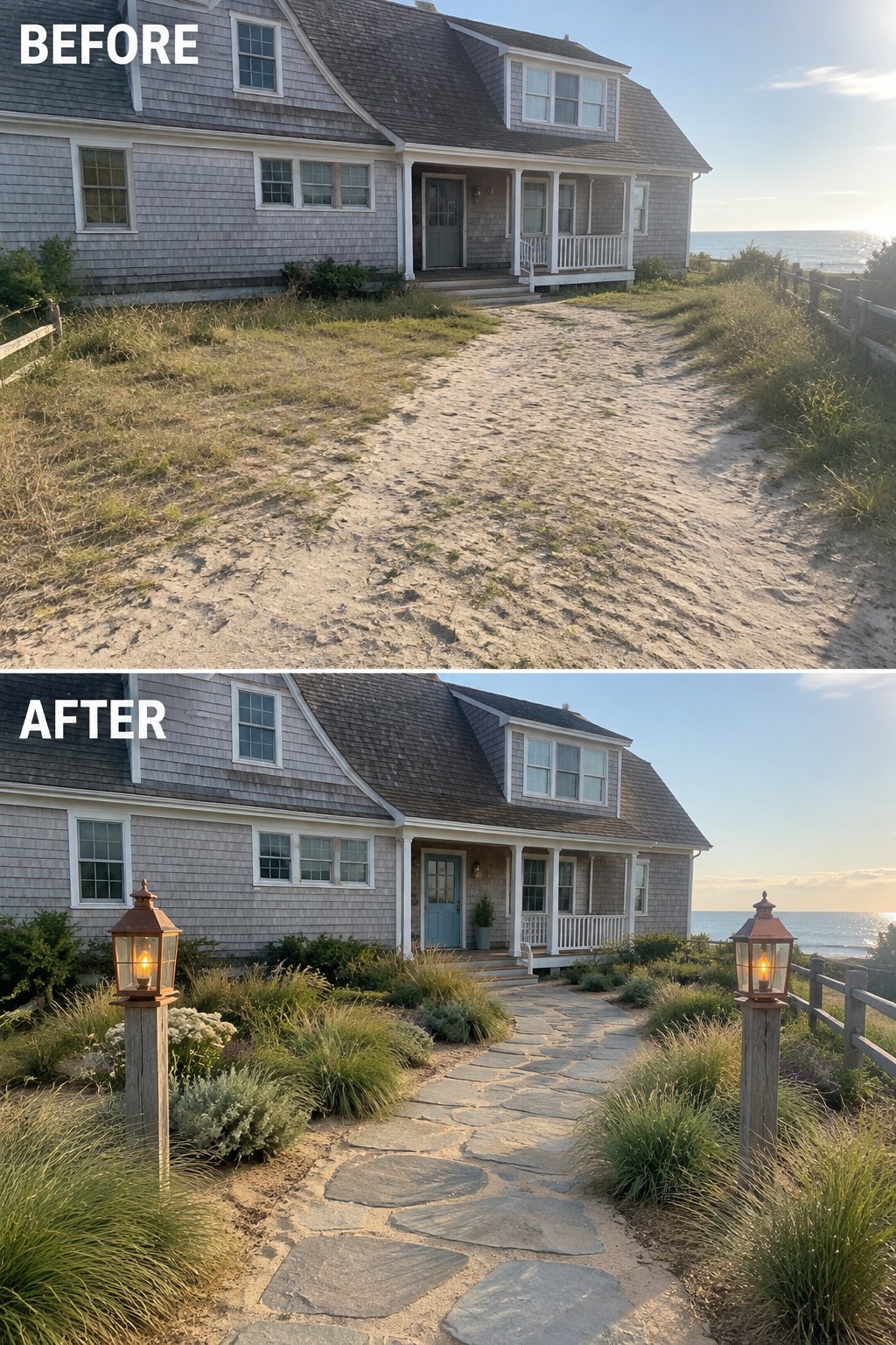 Before and after of beach house with new stone path, garden, and lanterns