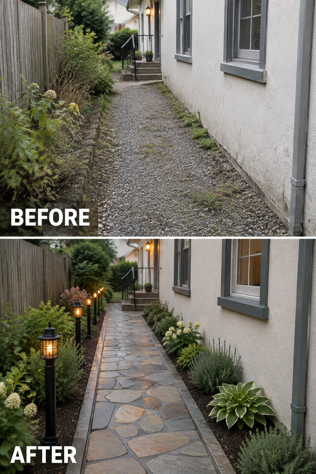 Before and after of gravel path transformed into lit stone walkway with landscaping