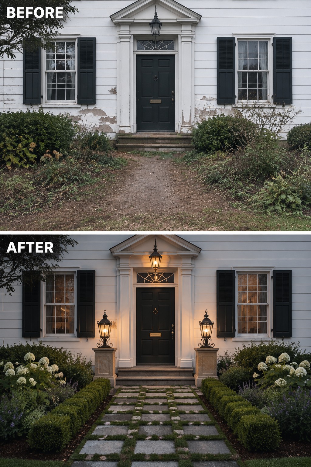 Before-and-after house entrance with new stone path, lanterns, and light gray paint