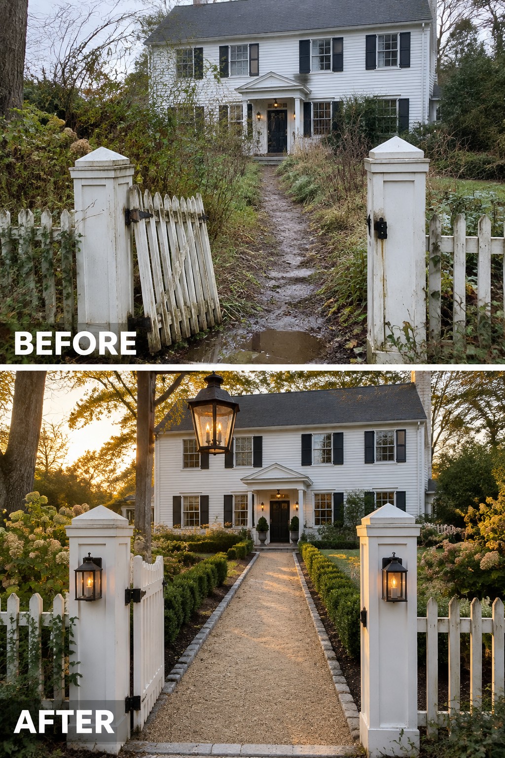 Before and after of white house with muddy path transformed into landscaped gravel walkway and lanterns
