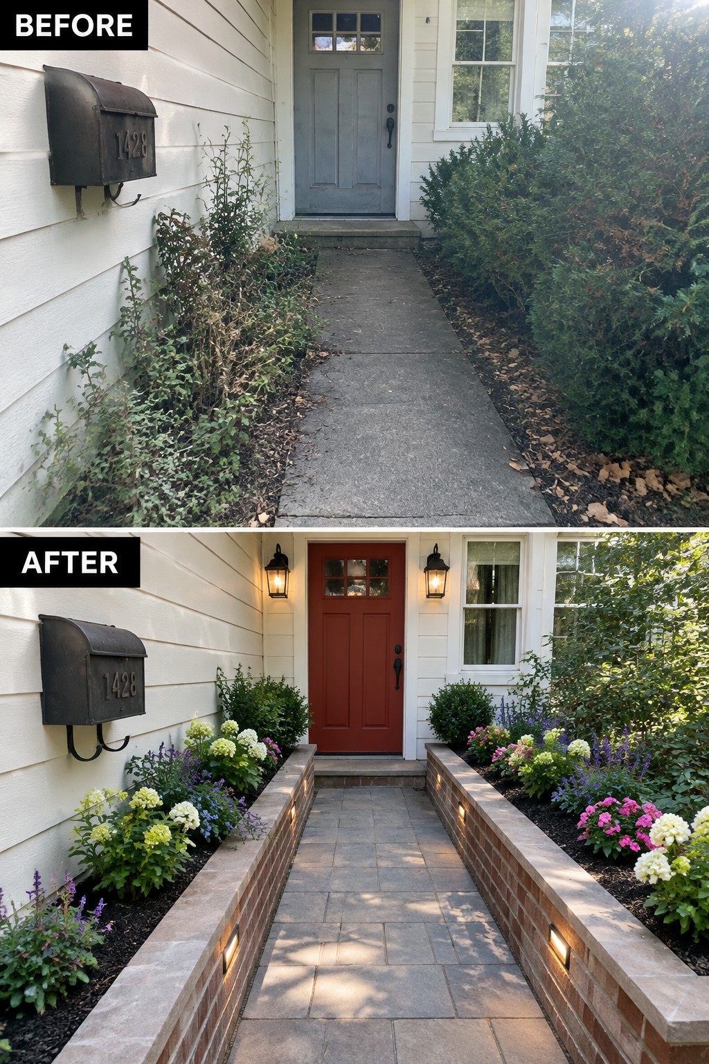 Before-and-after image of a front entry walkway changed from overgrown planting to structured brick-edged beds with flowers and path lighting.