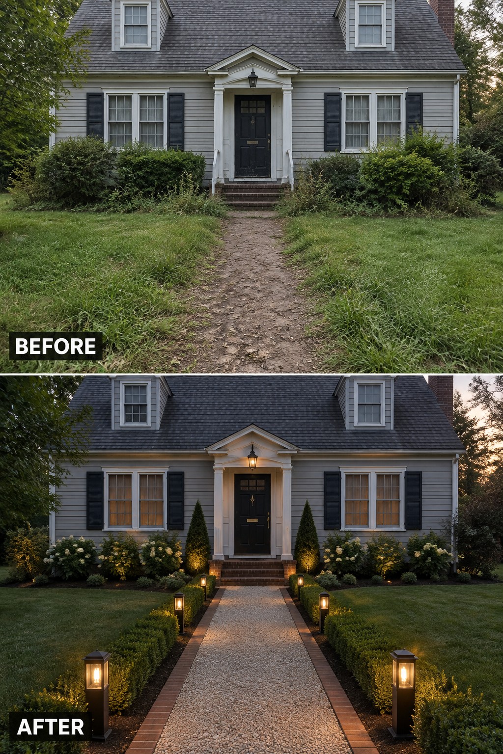 Before-and-after view of gray house with new gravel path, hedges, and path lights