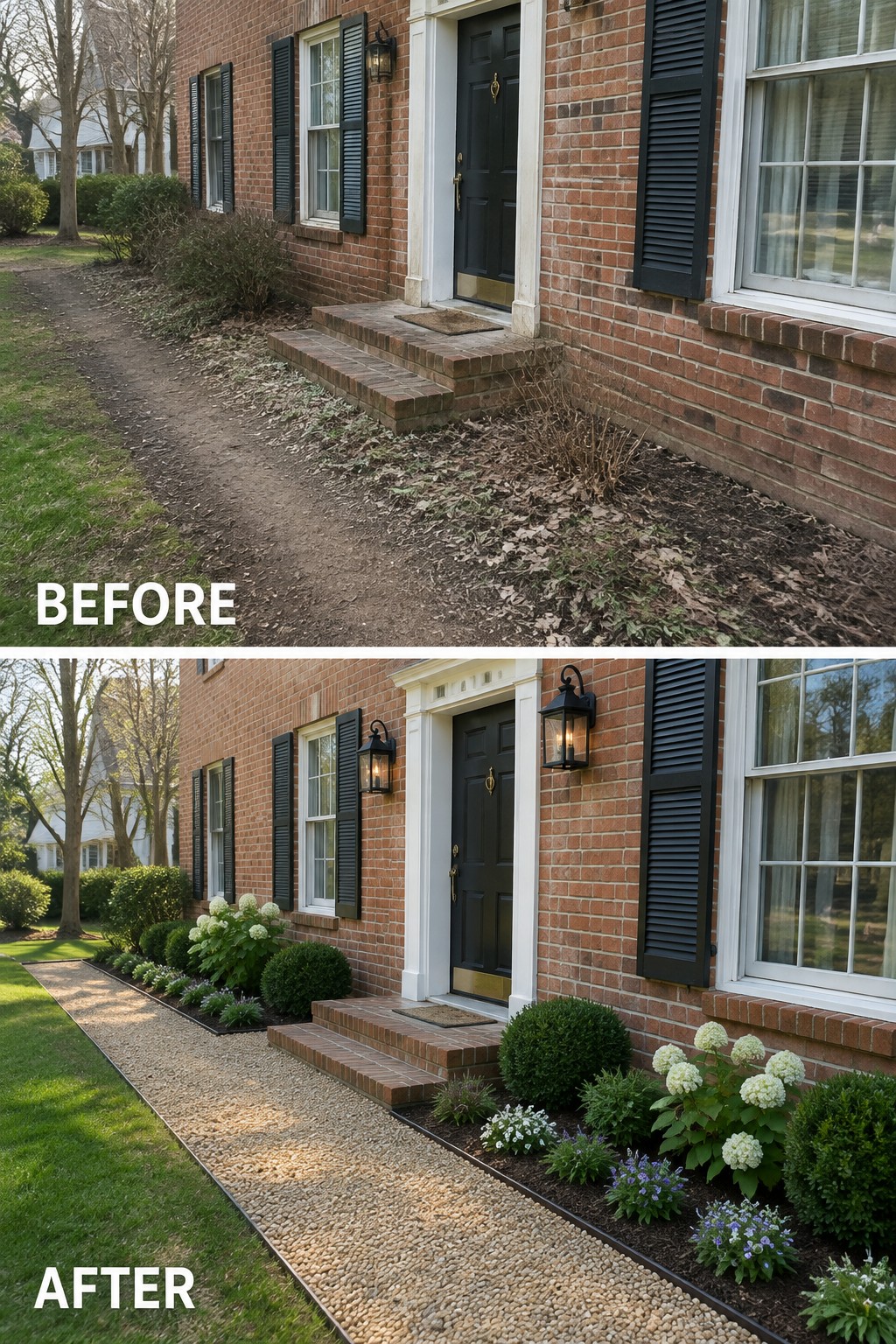 Before and after of brick house entrance with gravel path and landscaping.