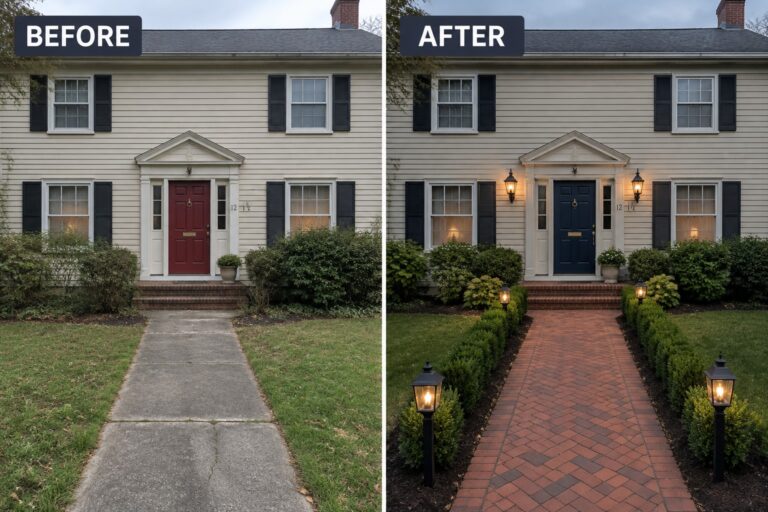 25 Creative Colonial Curb Appeal Ideas Using Lanterns and Structured Walkways Before-and-after image of a colonial home showing a concrete front walkway replaced with a brick path, a red door changed to navy, and lanterns added along the new walkway and entry.