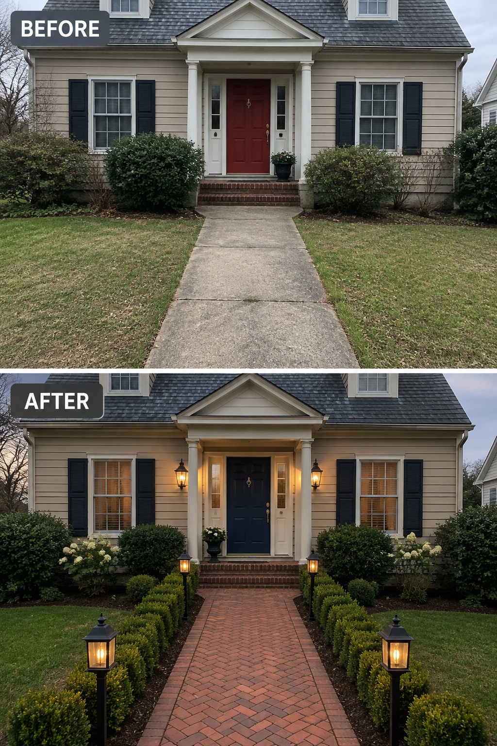 Before-and-after image of a colonial home showing a concrete front walkway replaced with a brick path, a red door changed to navy, and lanterns added along the new walkway and entry.