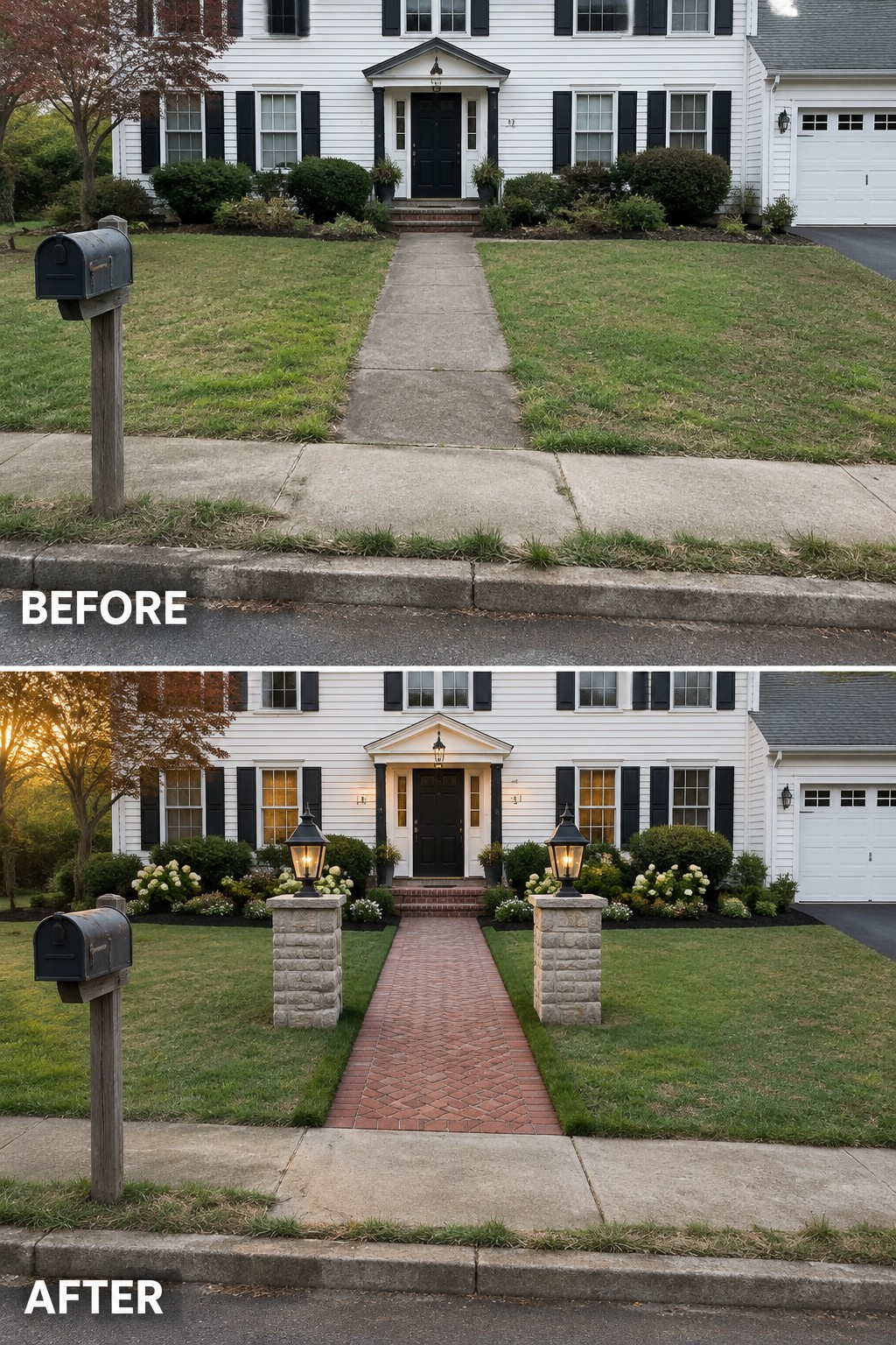 Before-and-after image of a colonial home front yard where a plain concrete walkway was replaced by a brick path flanked by stone pillars holding lanterns.