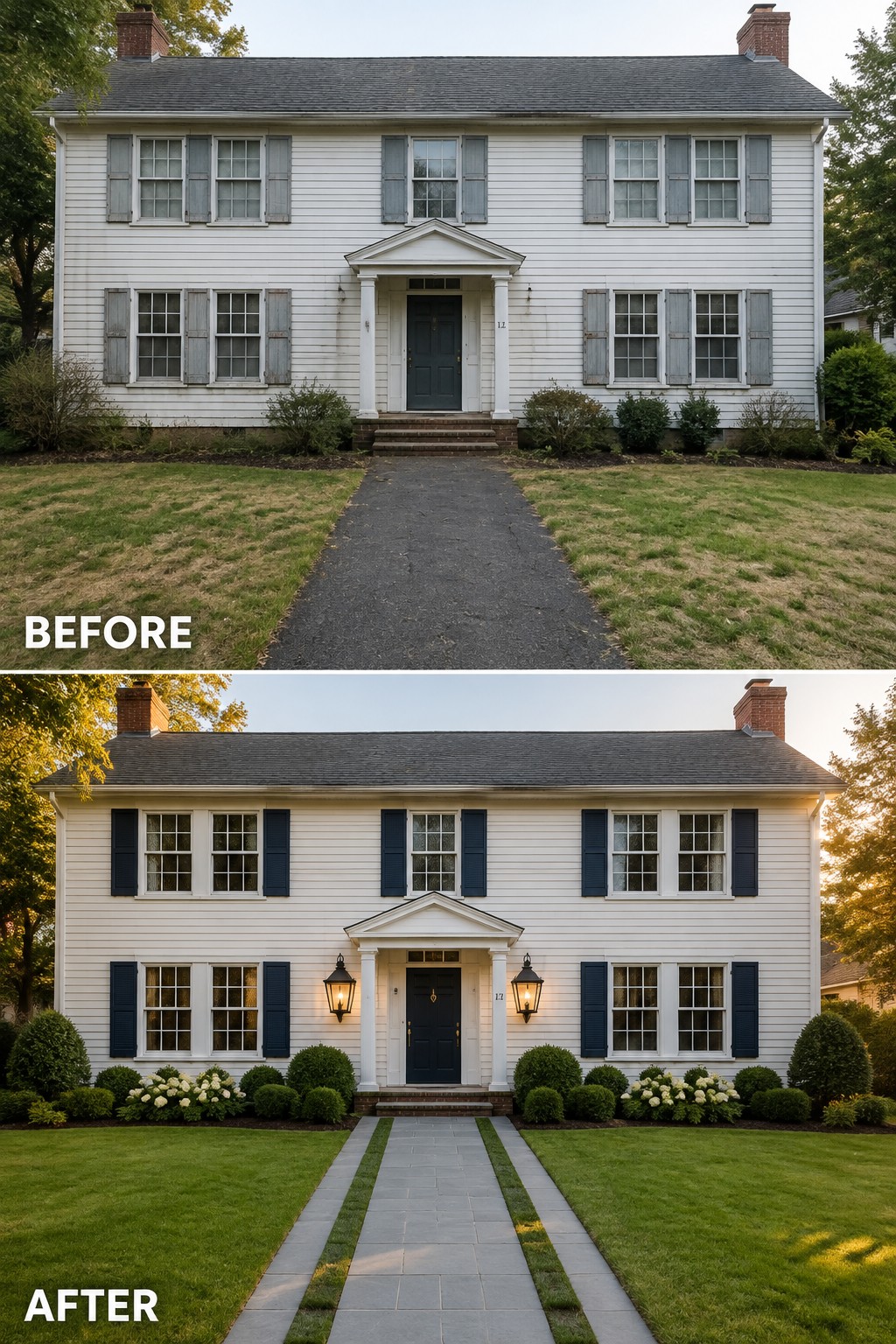Before and after colonial house with new blue shutters, stone path and landscaping.