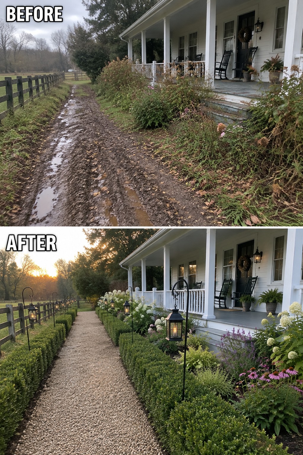 Before muddy driveway and after gravel path with lanterns, hedges and flowers at white farmhouse.