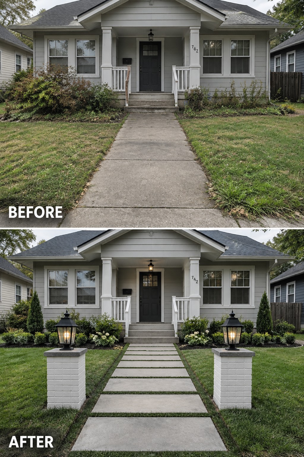 Before and after of gray house with concrete path upgraded to paver walkway and lantern pillars.