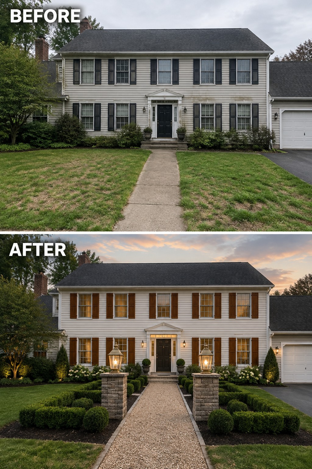 Before and after of white two-story house with brown shutters and new landscaping.