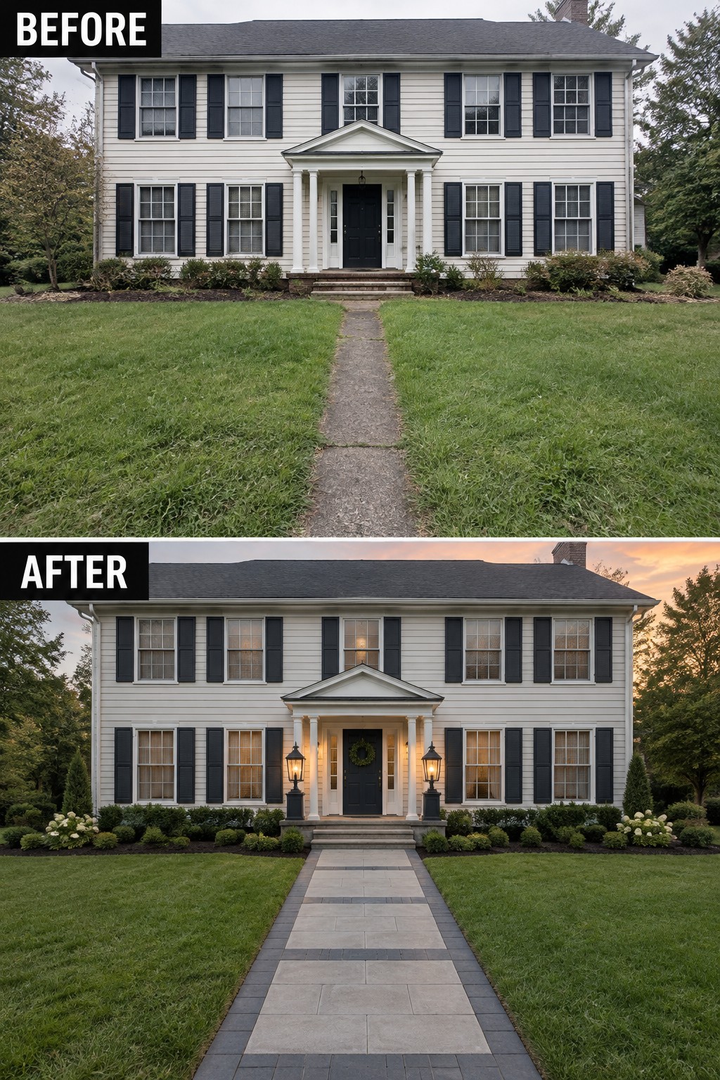 Before and after of white colonial house with new stone walkway and evening lights