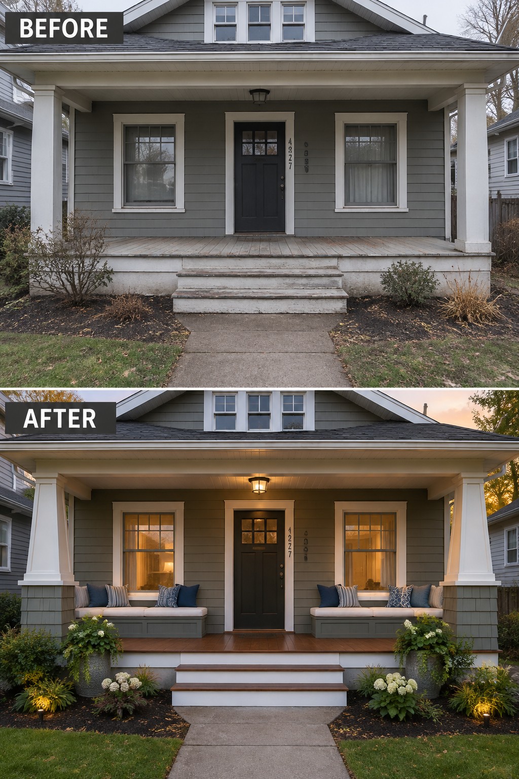 Before and after renovation of gray house porch with benches, lights, and plants.