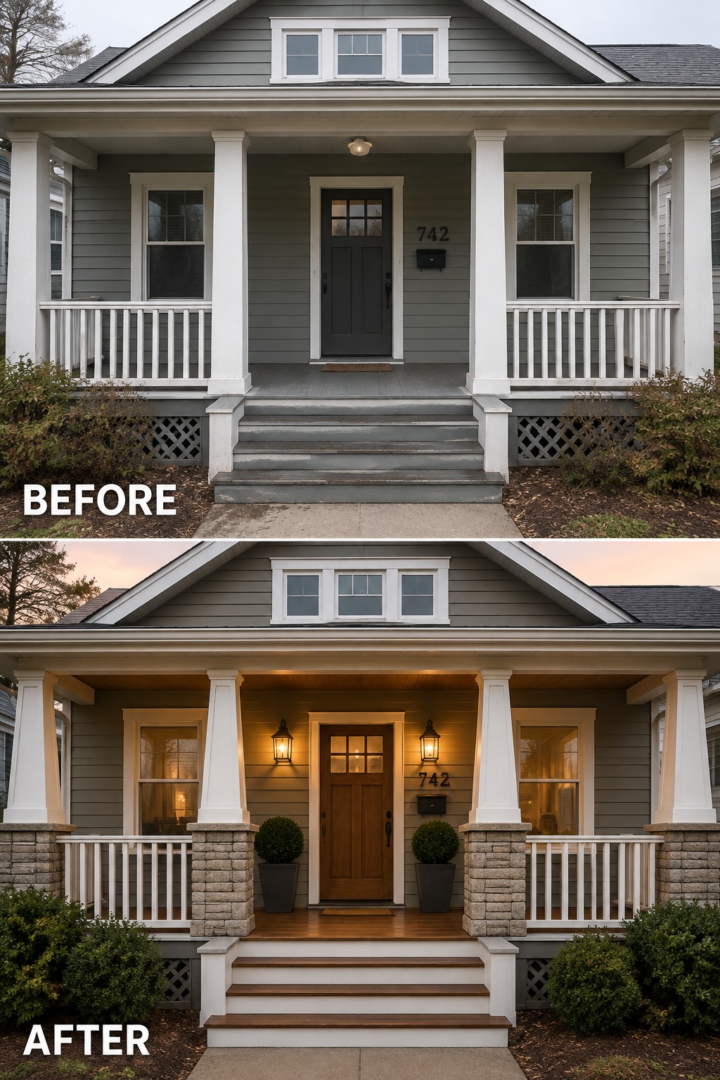 Before-and-after image of a front porch with tapered columns updated by adding stone bases, a wood door, and new lighting.