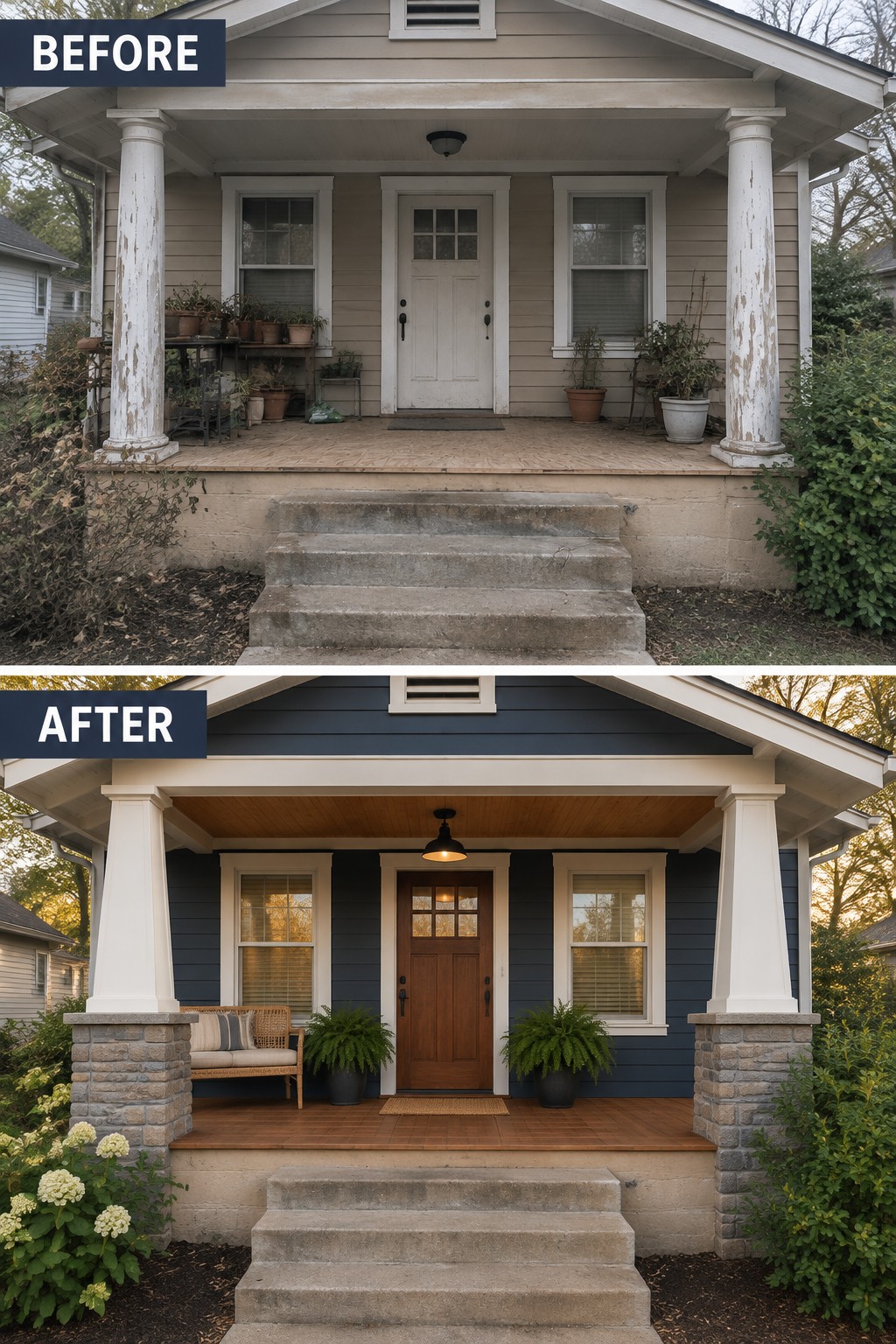 Before-and-after image of a front porch with peeling columns updated to tapered columns on stone bases.