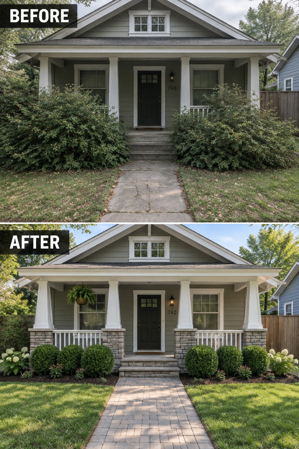 Before-and-after image of a front porch with plain columns updated to tapered columns with stone bases, new railing, and refreshed landscaping.