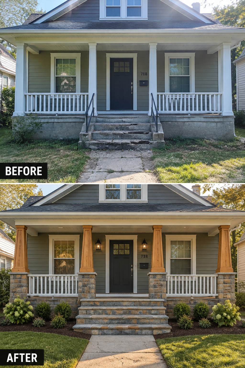 Before-and-after image of a front porch with plain white columns changed to tapered wood columns on stone piers, plus new stone steps and added foundation plantings.