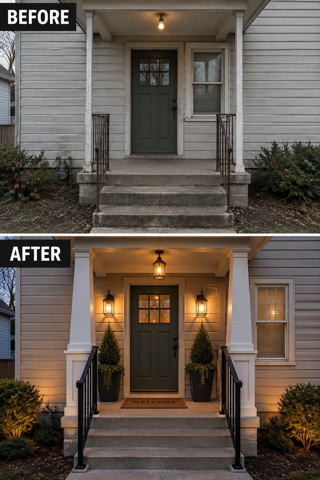 Before and after porch renovation with new lights, planters, and black railings.