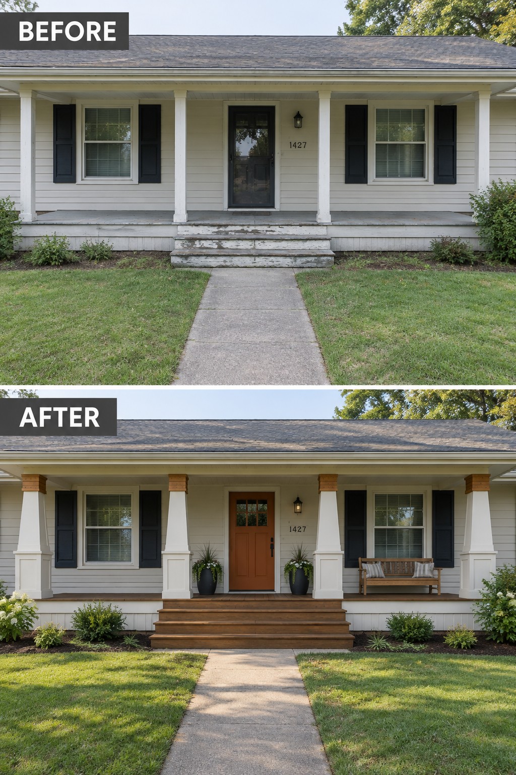 Before and after views of a house with renovated porch, columns, door, and landscaping.