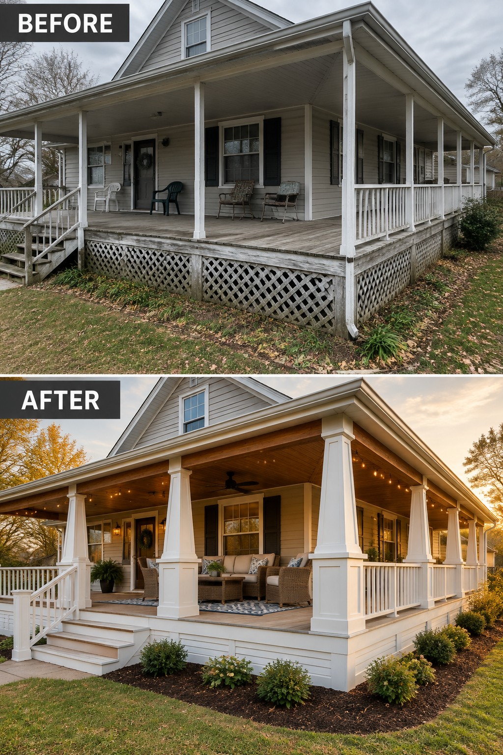 Before and after porch renovation with string lights, new furniture, and landscaping