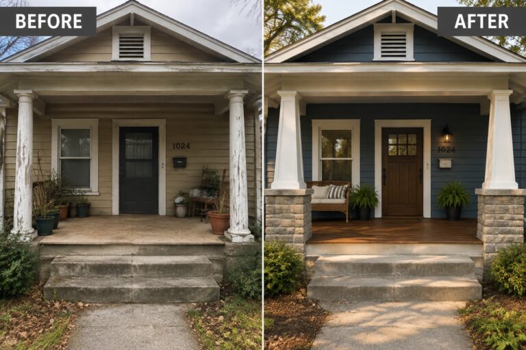 25 Creative Craftsman Front Porch Renovation Ideas With Tapered Columns Before-and-after image of a front porch with peeling columns updated to tapered columns on stone bases.