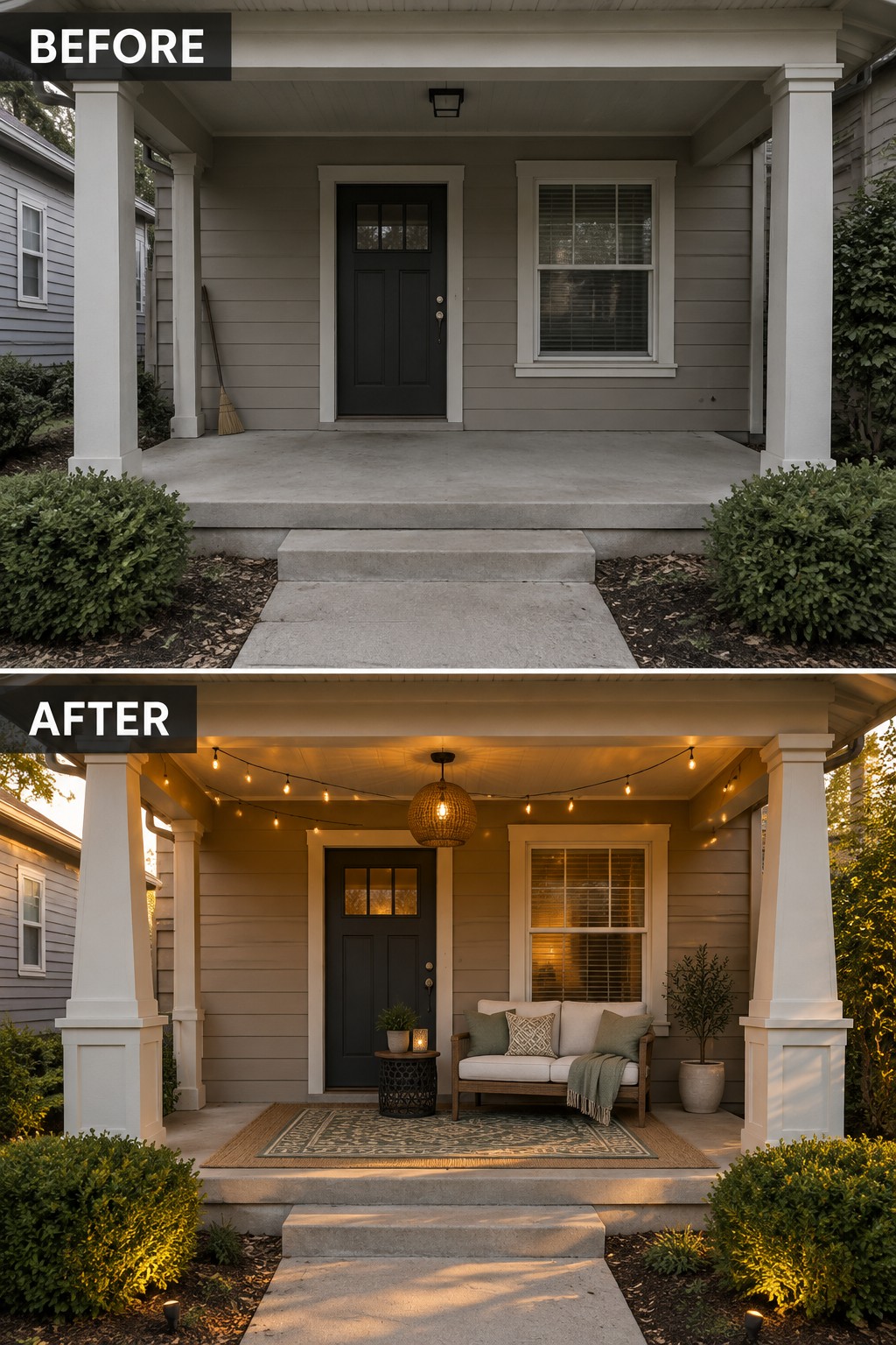 Before and after of front porch with added string lights, rug, and bench.