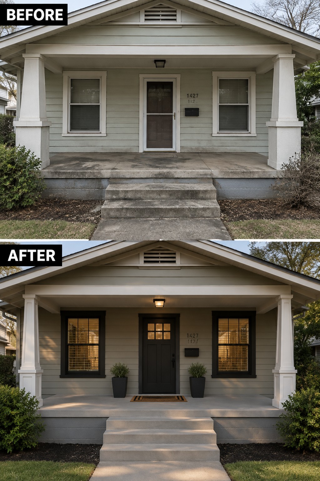 Before-and-after house exterior renovation with light siding, black door, windows, and potted plants