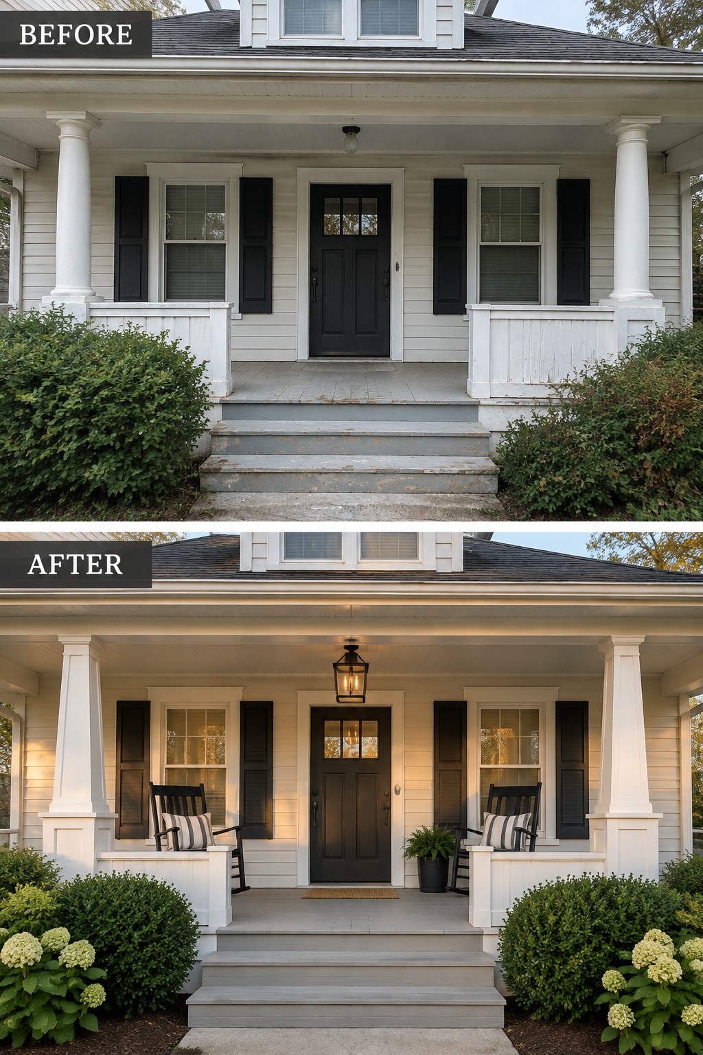 Before-and-after porch renovation of white house with black door, chairs, and landscaping.