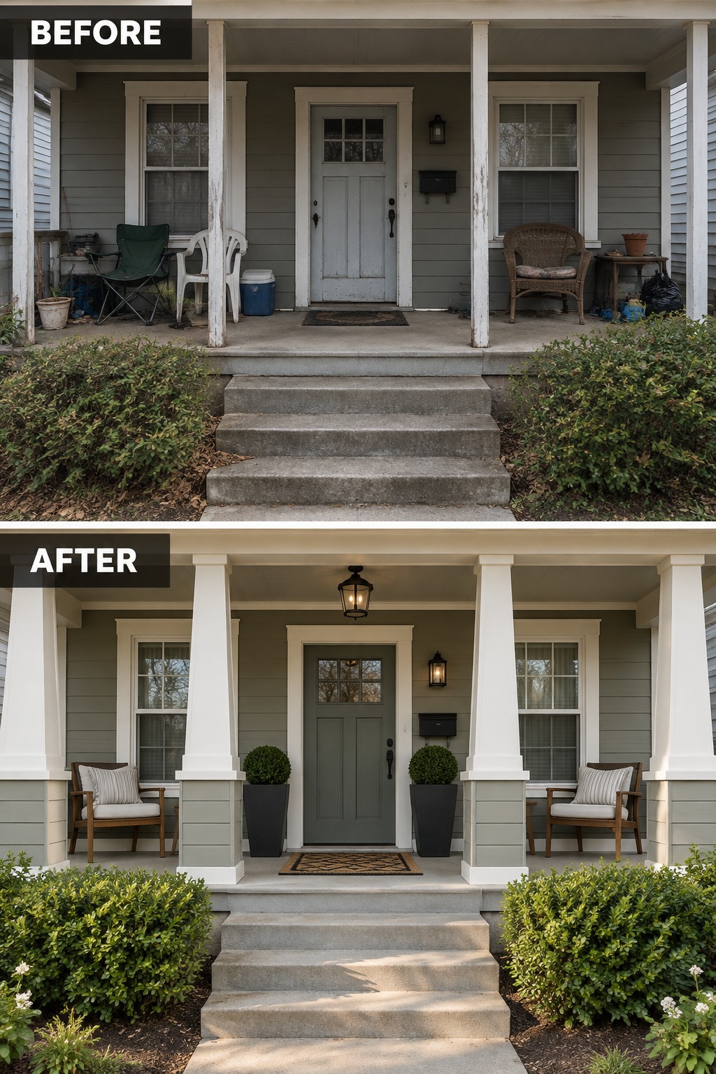 Before-and-after porch renovation: cluttered gray exterior transformed to tidy green door with white columns and plants