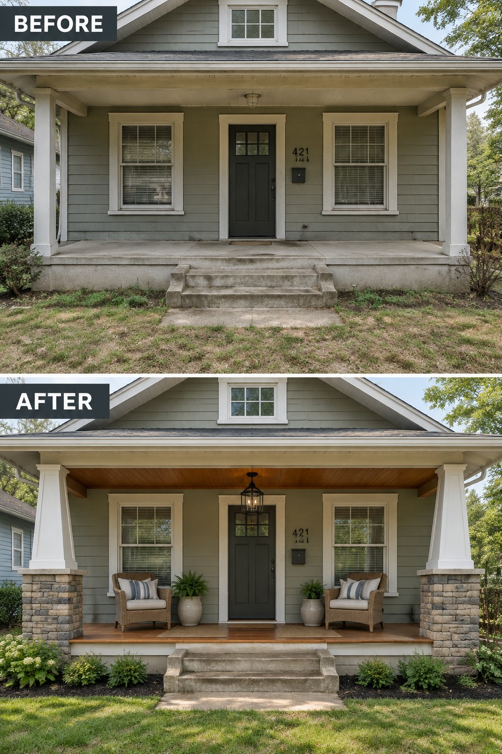 Before-and-after house porch renovation with stone pillars, wicker chairs, plants, and wood accents.