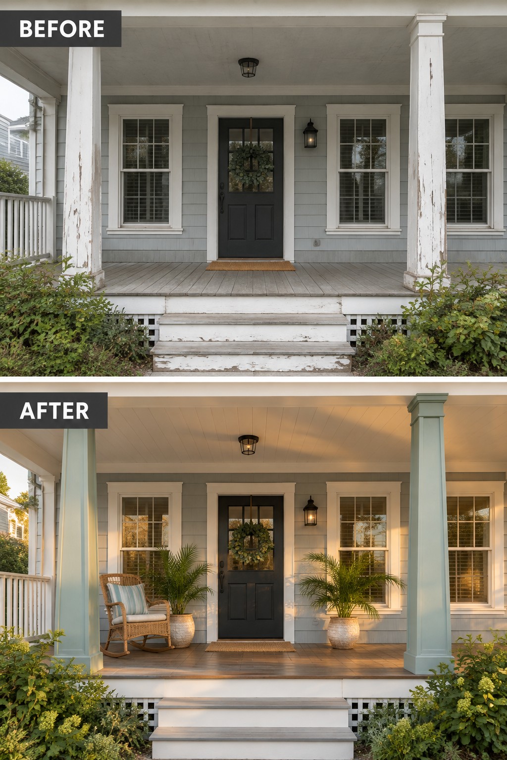 Before-and-after image of a front porch with peeling white columns updated by painting them soft green and adding a rocking chair with potted plants.