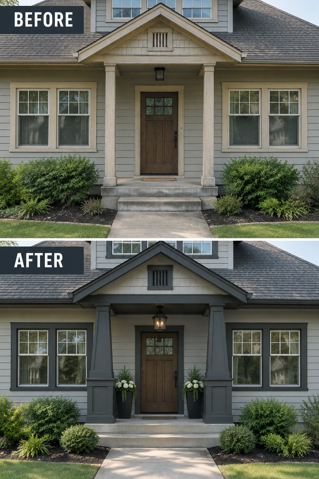 Before and after of house porch repainted dark gray with potted white flowers.