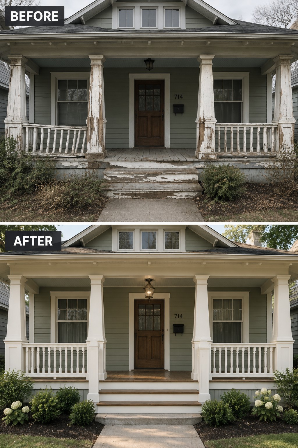 Before-and-after image of a Craftsman front porch showing peeling paint on tapered columns and railings updated to clean white paint with new porch flooring and added garden beds.