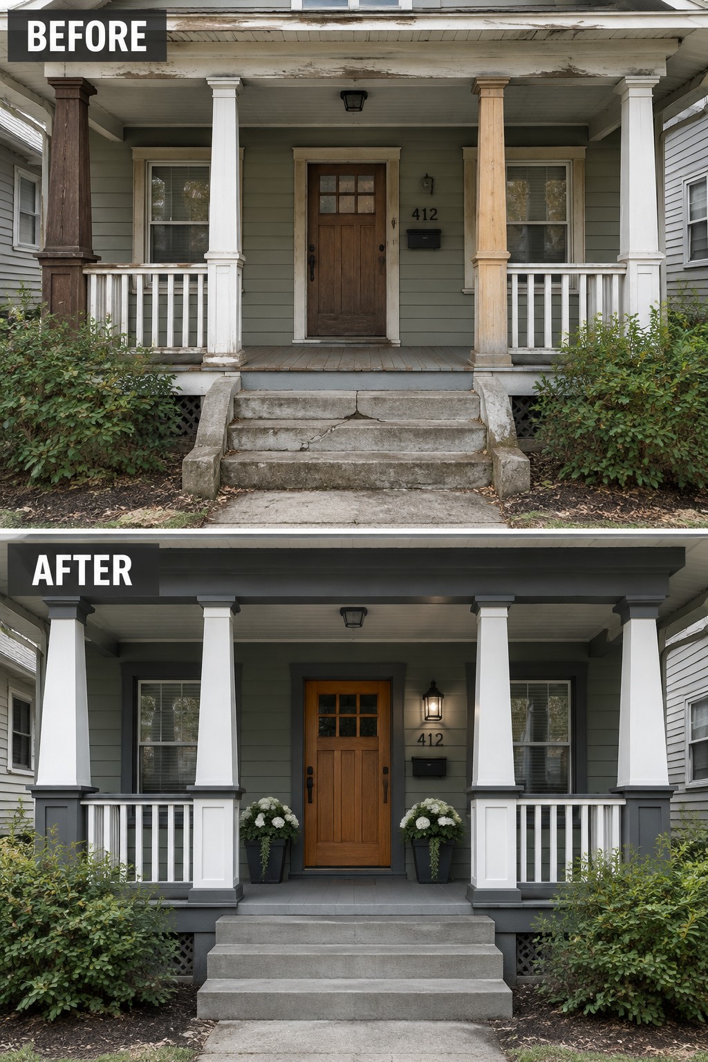 Before-and-after porch renovation with dark gray paint, new door, and potted flowers