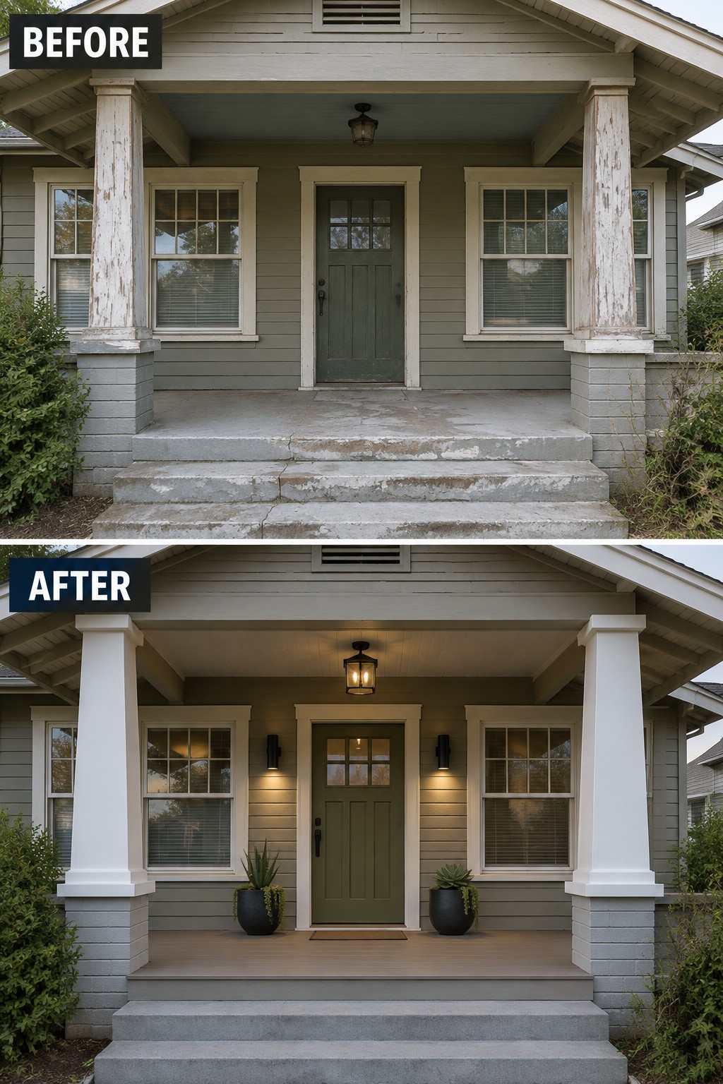 Before-and-after image of a front porch showing peeling paint on tapered columns refreshed with white paint, new wood porch flooring, and added planters.